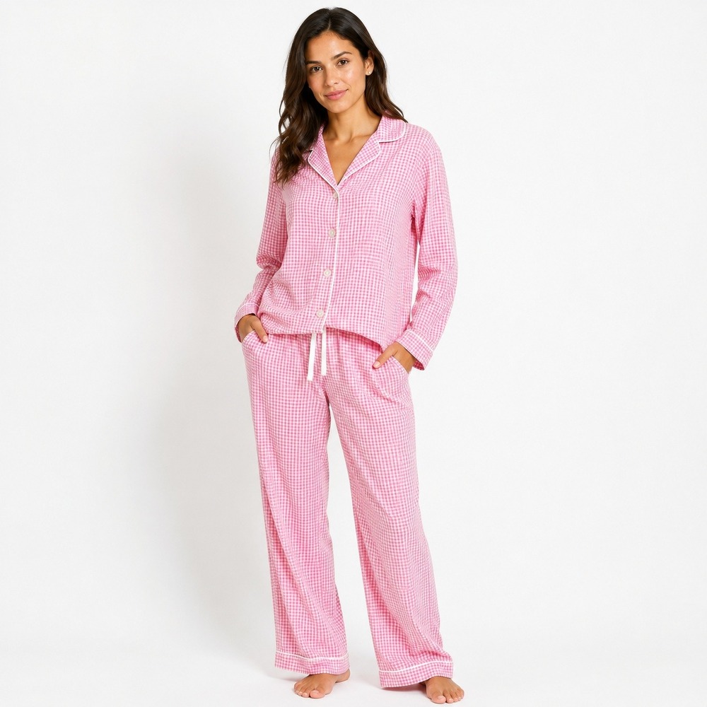 The Cat's Pajamas‎ Gingham Pajama Set Women XS Pink White Cotton Sleepwear